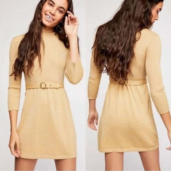 Free People French Girl Ribbed Knit Mock Neck Mini Dress Yellow Gold Metallic XS - Picture 1 of 10